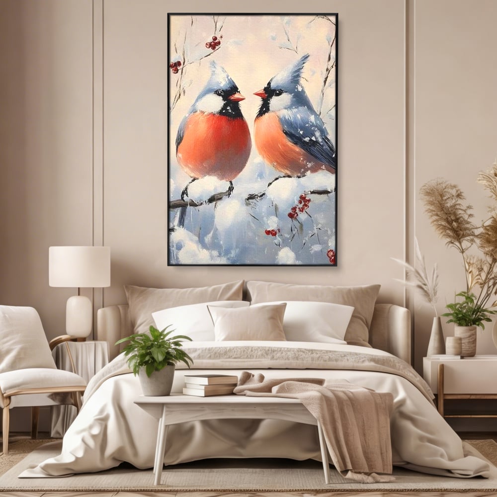 Tablou canvas cu tablou canvas cu doi pasari cardinali in iarna, in rama de aluminiu negru, pe perete intr-un dormitor